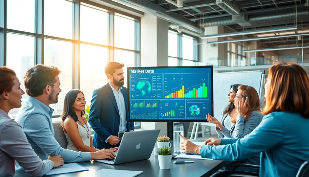 Analyze competitive intelligence insights with a professional business team in a modern office.