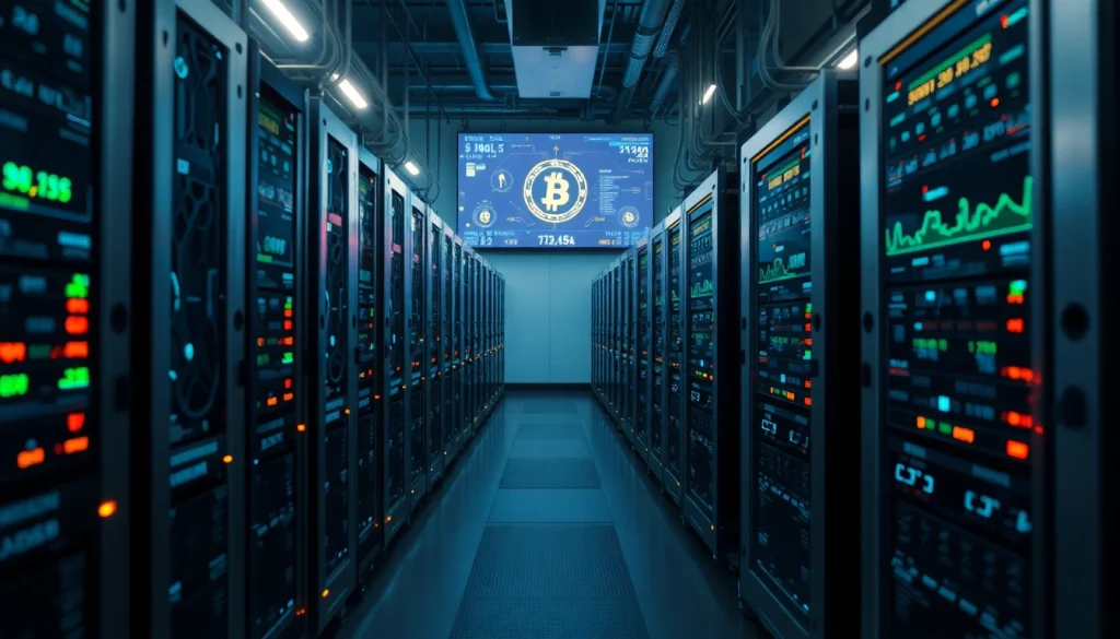 Dynamic Bitcoin mining operation showcasing advanced ASIC miners in a professional setup.