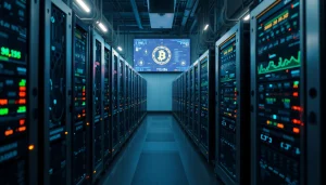 Dynamic Bitcoin mining operation showcasing advanced ASIC miners in a professional setup.