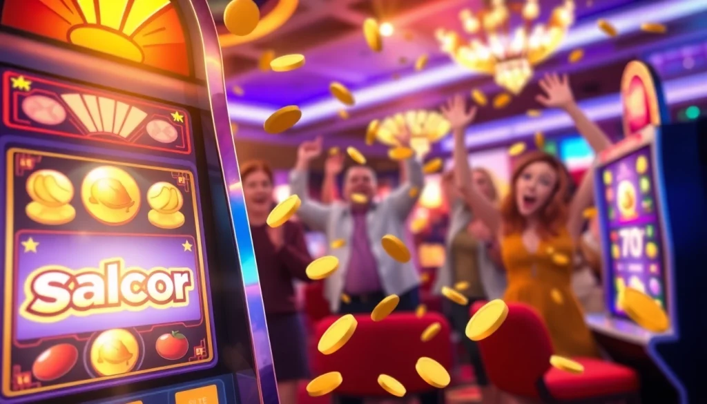 Menangkan slot gacor dengan simbol berkilauan dan pemain merayakan kemenangan di kasino.