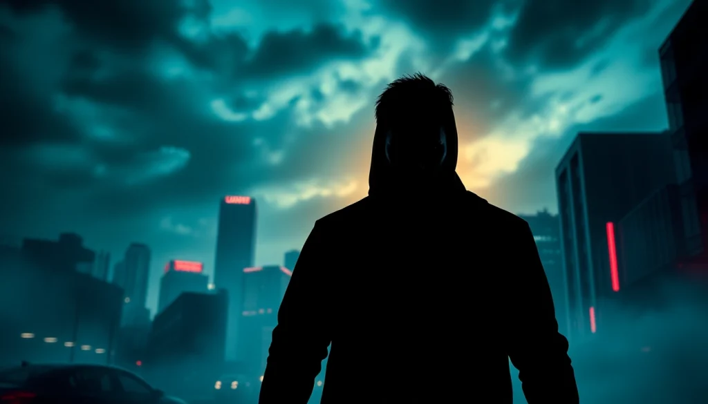 Unfold thrilling moments in a suspense-filled movie setting with a lone figure in the shadows.