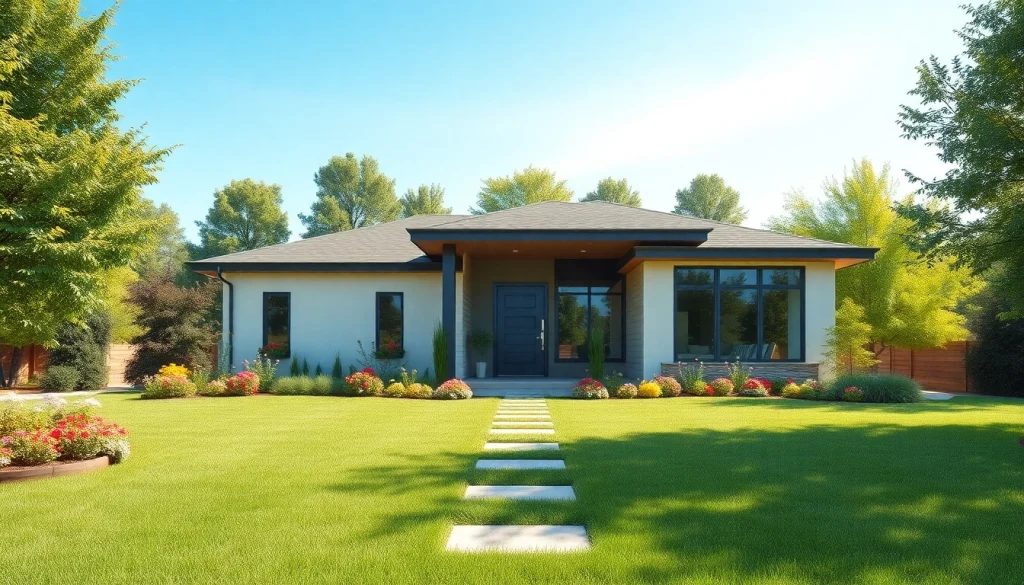 Showcasing a modern Real Estate home in a vibrant suburban neighborhood with a manicured lawn.