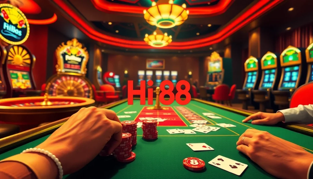 High-action poker game featuring Hi 88 cards and chips at a casino table.