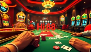 High-action poker game featuring Hi 88 cards and chips at a casino table.