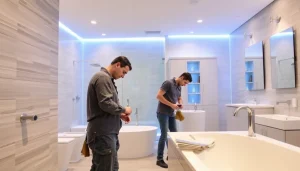Skilled bathroom builders installing elegant fixtures in a beautifully designed bathroom.