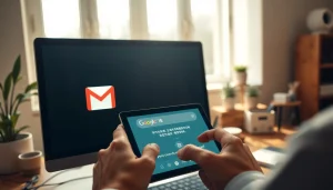 Download process for 谷歌邮箱下载 on a touchscreen interface in a professional workspace.