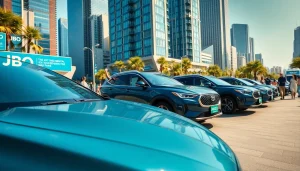 Showcasing JBO rental services with modern vehicles in an urban environment.