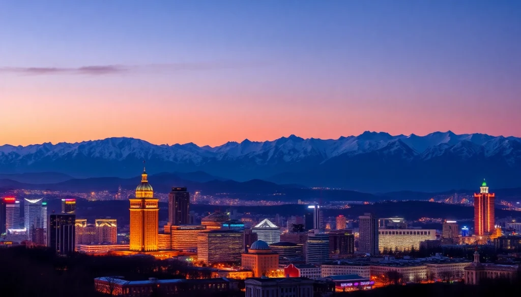 Experience the stunning skyline of Almaty, Kazakhstan, highlighted by vibrant lights and majestic mountains at https://albmaftoh.com.