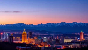 Experience the stunning skyline of Almaty, Kazakhstan, highlighted by vibrant lights and majestic mountains at https://albmaftoh.com.