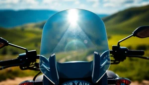Showcasing a motorcycle windshield with polished details against a scenic backdrop, emphasizing clarity and adventure.