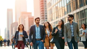 Explore jobs new york with job seekers actively networking in a vibrant city setting.