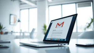 View of Gmail邮箱 interface on a professional laptop in a bright office environment.