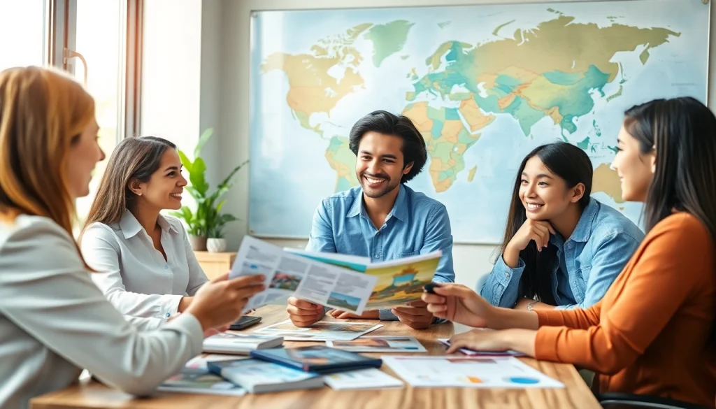 Engaged family discussing travel insurance options with an advisor in a modern setting.