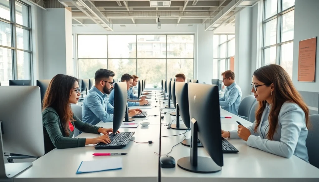 Enhance your skills at a bustling typing center filled with focused professionals.