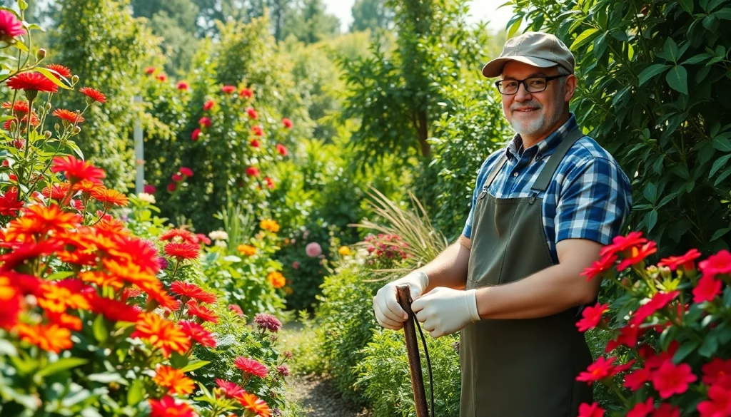 Tuinhulp bij https://detuinassistent.nl, omgeven door bloeiende planten en gereedschap.