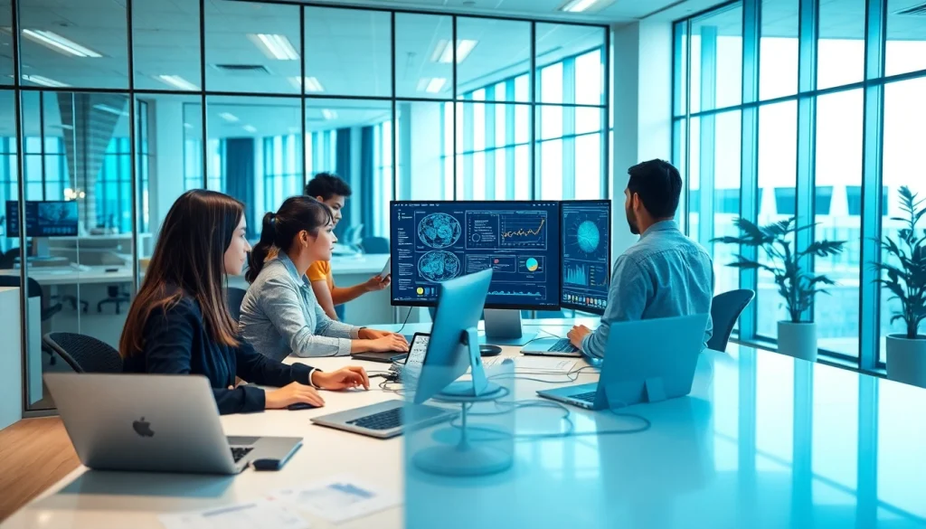 Reviewing chatbot performance metrics at https://benchbot.ai with diverse team in a modern lab setting