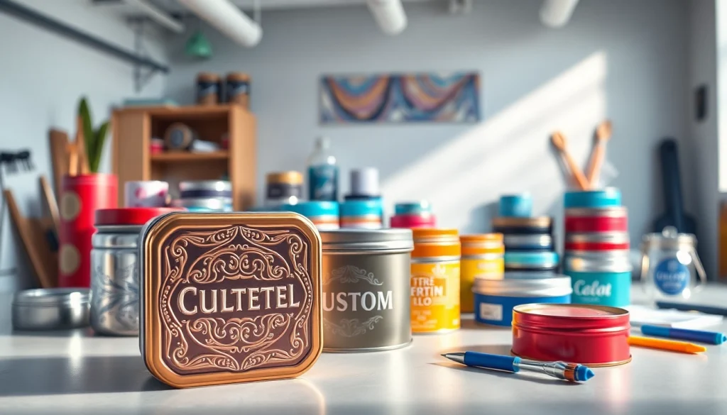 Explore custom tins in vibrant designs showcased in a modern studio setting.