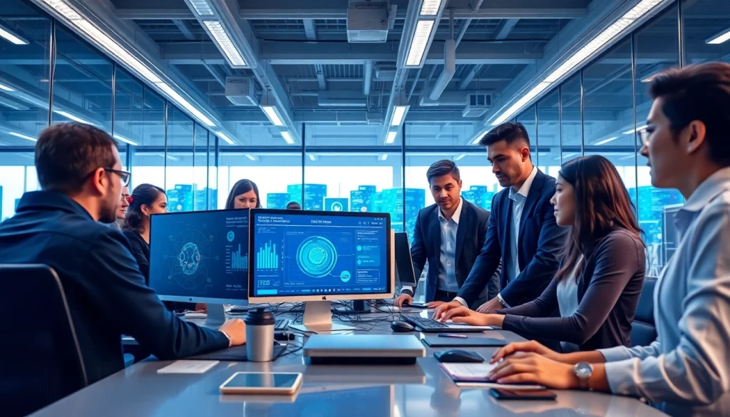 HERO Managed Services team collaborates using innovative technology in a modern office.