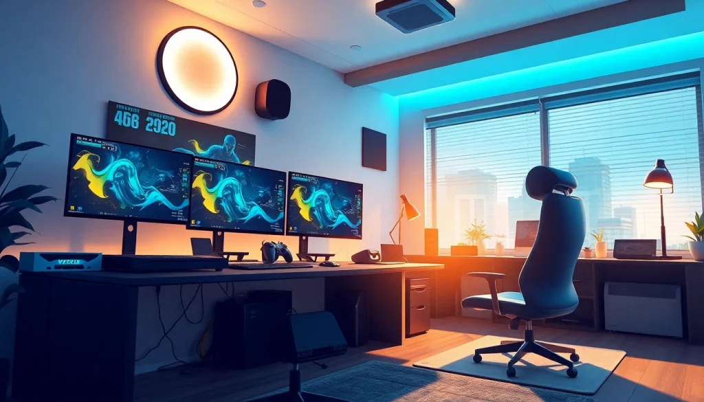 Engage with https://www.trilgameshproject.com through a modern gaming office featuring vibrant colors and advanced tech.