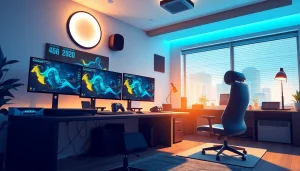 Engage with https://www.trilgameshproject.com through a modern gaming office featuring vibrant colors and advanced tech.