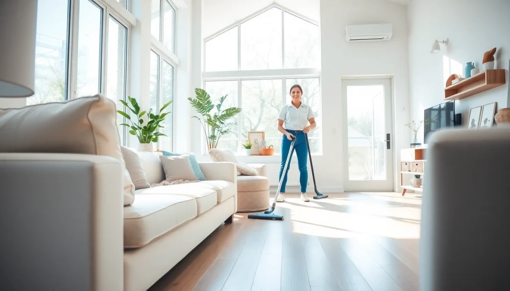 Cleaning Service team professionally tidying up a modern home, reflecting brightness and cleanliness.