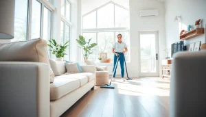 Cleaning Service team professionally tidying up a modern home, reflecting brightness and cleanliness.