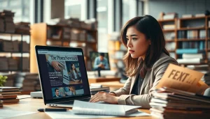 Engaged journalist reviewing thephoenixnewspaper content in a bright newsroom setting.