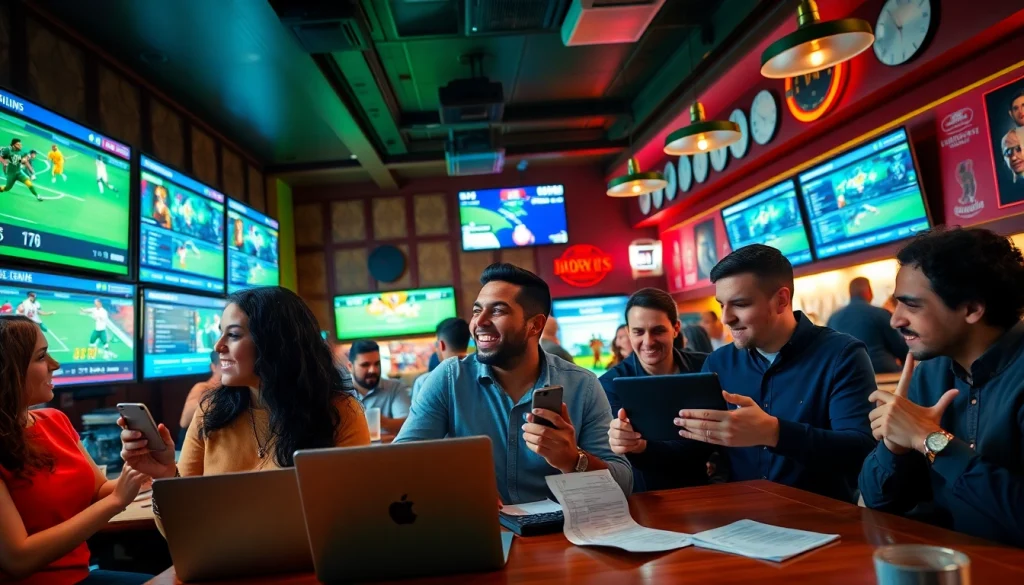 Capture the best sports betting sites for Mexico with vibrant scene showing enthusiastic sports bettors in a lively bar.
