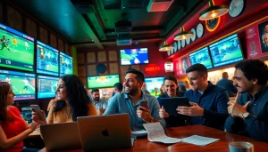 Capture the best sports betting sites for Mexico with vibrant scene showing enthusiastic sports bettors in a lively bar.