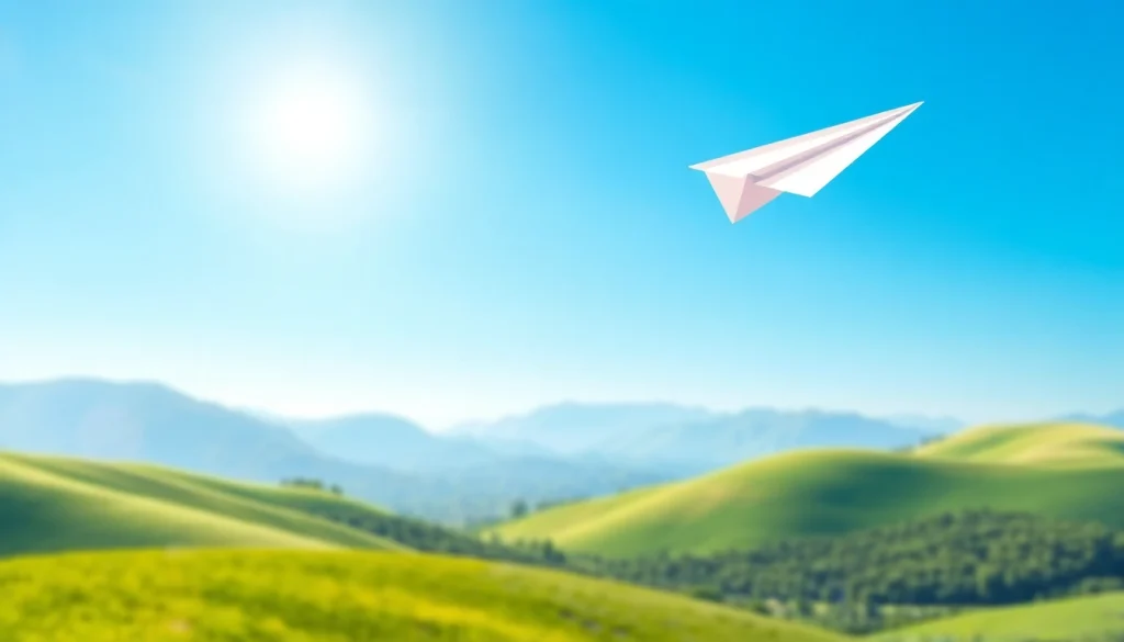 Fly a paper airplane high in the sky, illustrating 纸飞机中文版, soaring in a vibrant landscape.