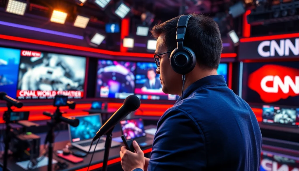 Watch CNN Live Stream in a vibrant newsroom with a journalist reporting breaking news.