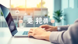 Engaging with 搜狗输入法 on a laptop in a modern workspace setting.