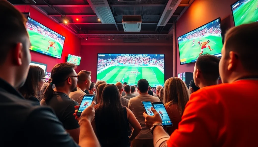 Engaged fans participating in sports betting in Brazil, showcasing mobile betting activity in a vibrant sports bar.