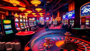 Experience the excitement of JBO with engaged players at illuminated casino tables and vibrant slot machines.