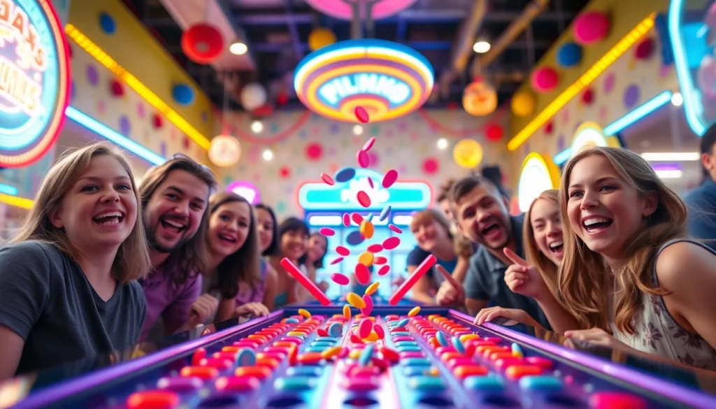 Engaging players enjoying Plinko game reviews in a lively arcade setting with vibrant colors.
