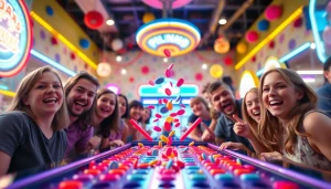 Engaging players enjoying Plinko game reviews in a lively arcade setting with vibrant colors.