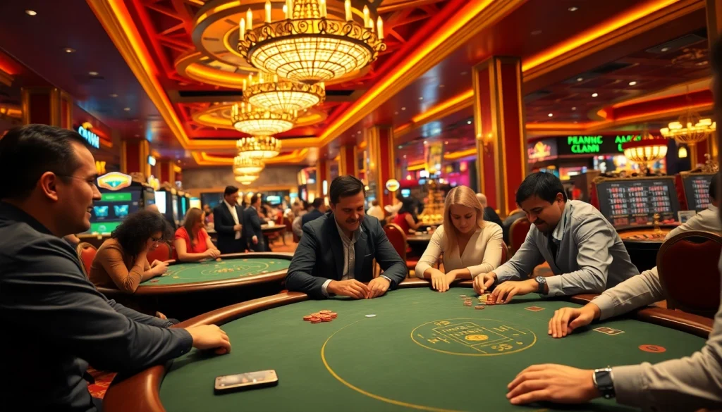 คาสิโนในบรรยากาศที่มีชีวิตชีวารอบโต๊ะพนันที่เต็มไปด้วยผู้เล่น