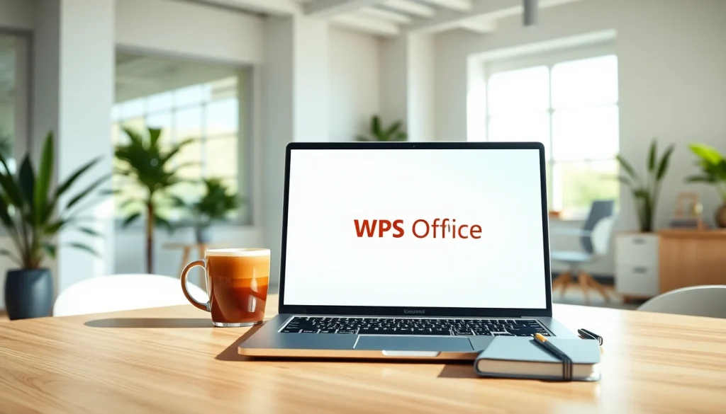 Download WPS office下载 with a stylish laptop and organized workspace in a bright setting.