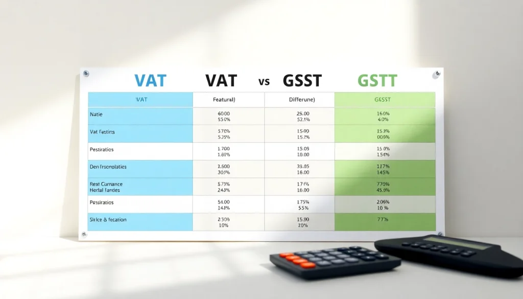 Compare vat and gst difference through an educational infographic highlighting key features.