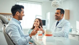 Dr. Shahram Valiani DDS discussing dental health with a patient in a modern clinic setting.