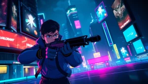 Engage with the thrilling valorant download as a character takes aim in a vibrant cyberpunk setting.