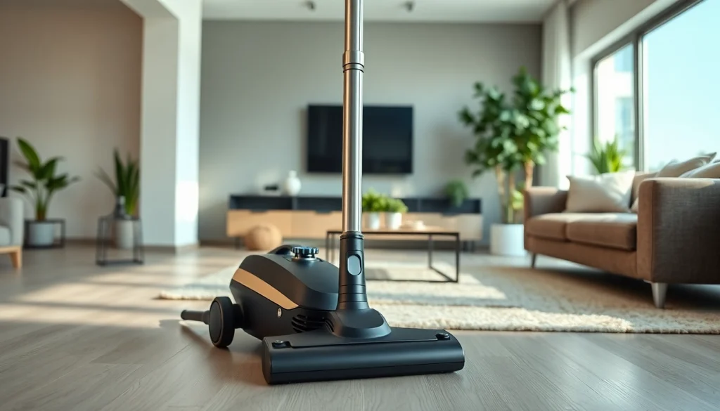 Powerful vacuum cleaning a modern living room, showcasing sleek design and efficiency.