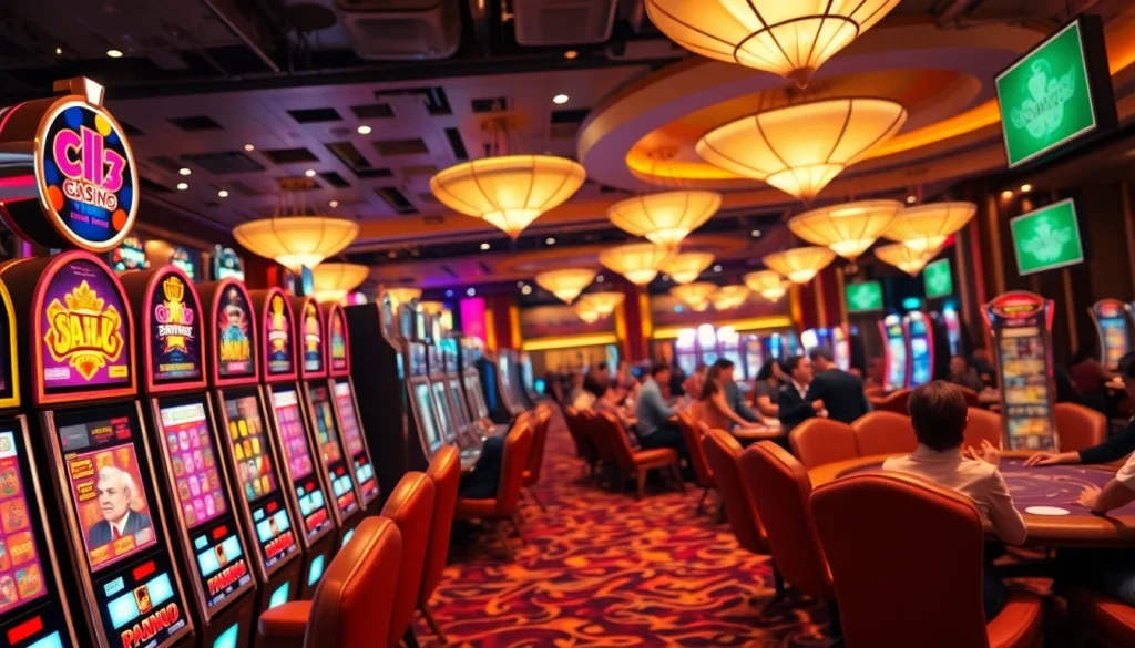 คาสิโนในบรรยากาศที่เต็มไปด้วยชีวิตชีวาและความตื่นเต้นที่ผู้คนเล่นเกม
