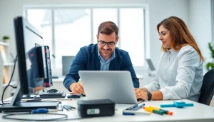 Provide expert computer support and services through professional repair solutions in a modern office.