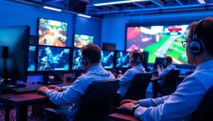 Engaged video game quality assurance testers working in a vibrant and dynamic environment.