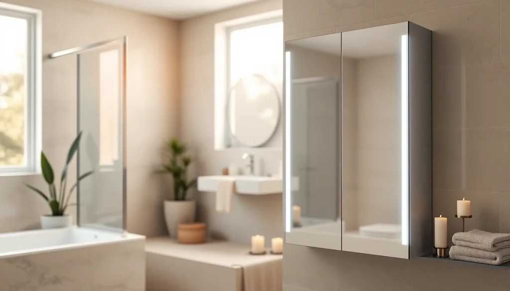 Spiegelschrank mit LED Beleuchtung bietet elegantes Design und Funktionalität im Badezimmer.