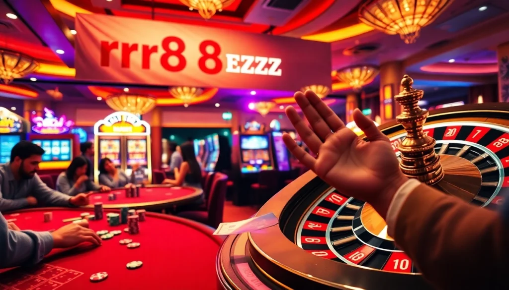 Experience thrill at rr88ezcom with gamblers engaging around a vibrant poker table, showcasing chips and excitement.