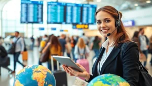 Travel assistant providing support with a tablet in a busy airport environment.