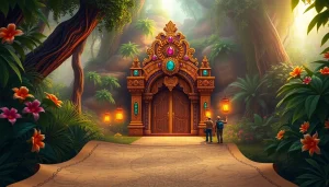 Adventurers approaching King Solomon's Mine with a treasure map, set in a mystical jungle.