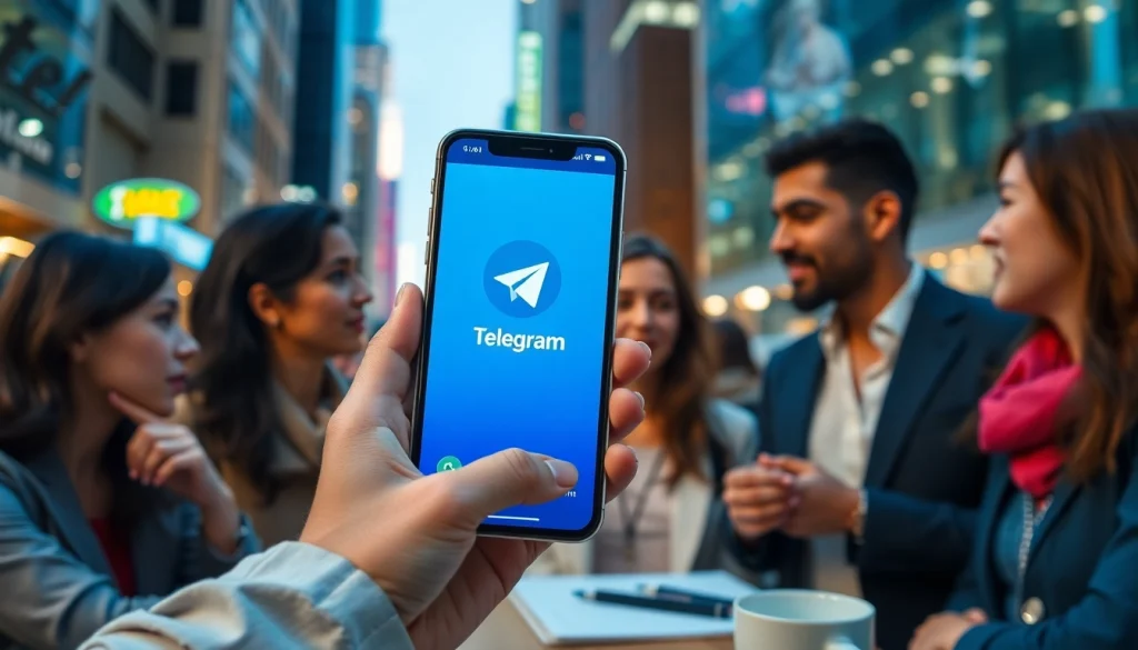 Engaging users experiencing the Telegram中文版 app in a vibrant urban setting.